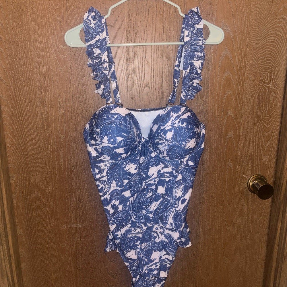 Blue and White Paisley One-Piece Swimsuit with Ruffled Straps